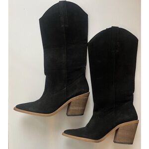 Vero Moda Black Suede Western Cowboy Boots Tall | Block Heel | Size 7